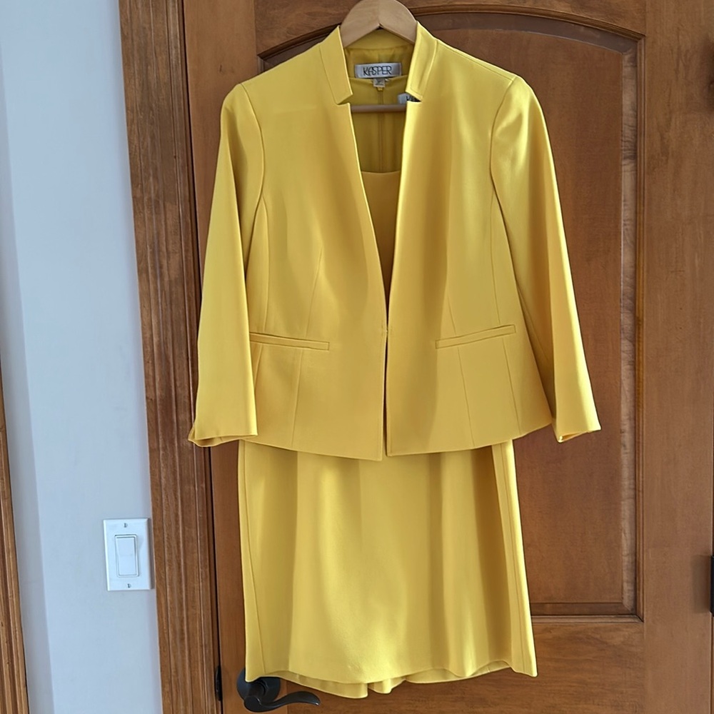 Kasper Mustard Yellow 2 Piece Dress & Blazer Suit Set Petite Size 8P